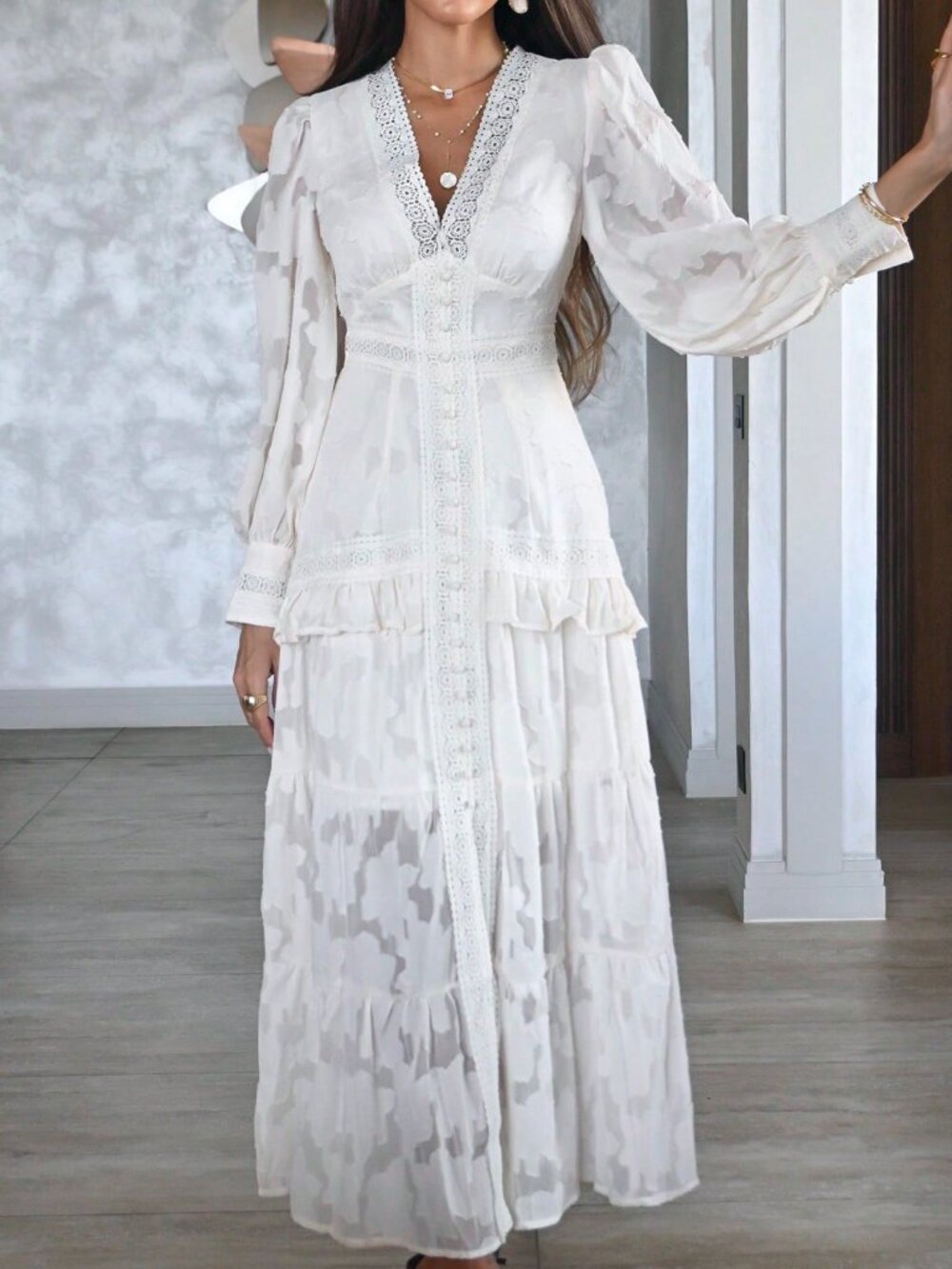 Apricot Elegant Women's V-Neck Puff Sleeve Cinched Waist Maxi Dress - Picture 6 of 6